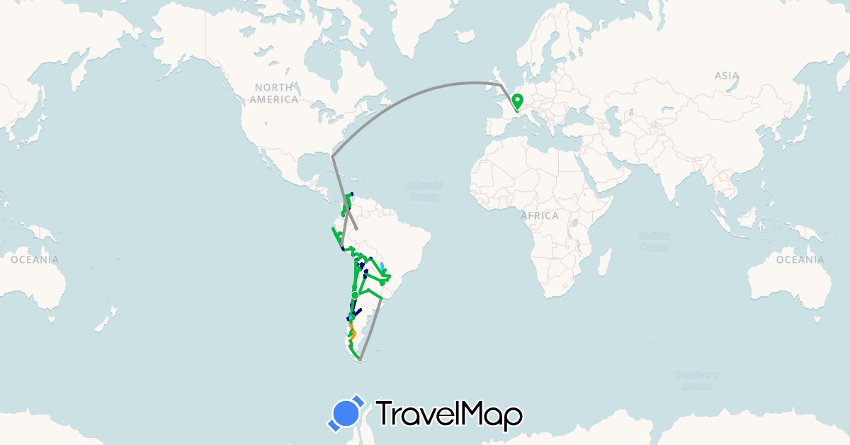 TravelMap itinerary: driving, bus, plane, cycling, train, hiking, boat, hitchhiking, motorbike in Argentina, Bolivia, Brazil, Chile, Colombia, France, United Kingdom, Peru, Paraguay, United States (Europe, North America, South America)