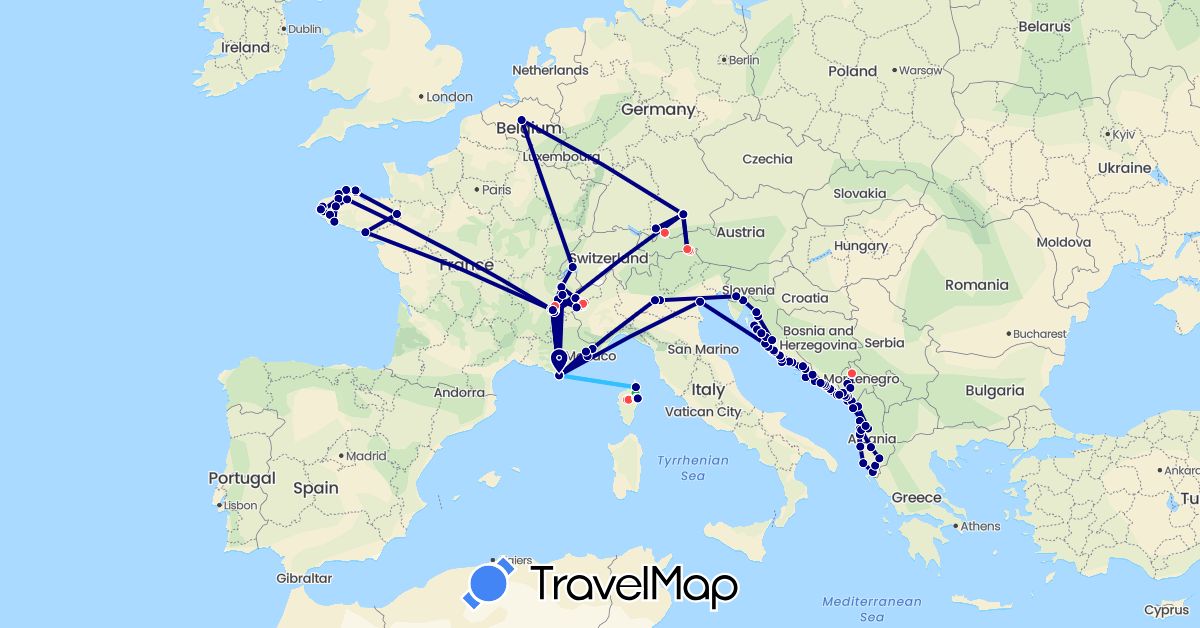 TravelMap itinerary: driving, bus, train, hiking, boat in Albania, Austria, Belgium, Switzerland, Germany, France, Croatia, Italy, Montenegro, Slovenia (Europe)
